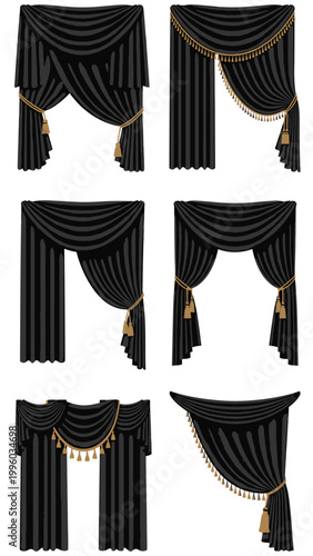 Elegant Black Drapes with Golden Tassels - Set of 6 Designs