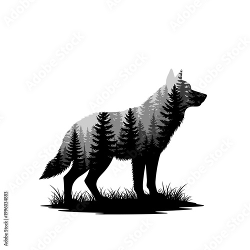 Wolf Silhouette Double Exposure with Pine Forest Landscape