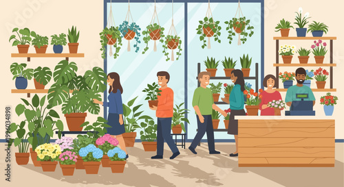 People shopping for plants and flowers in a bright, modern garden center.