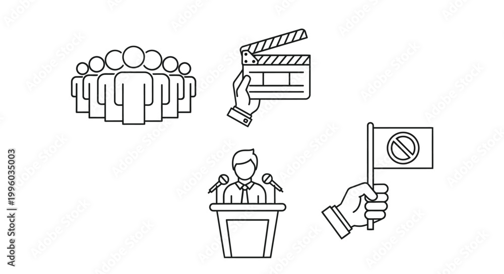 Fototapeta premium Line art illustrations depict a group film slate protest speaker and flag communication themes