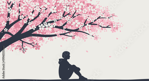 Person Sitting Under Cherry Blossom Tree, Pink Petals Falling, Serene Spring Scene