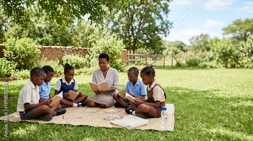 Outdoor reading lesson on a grassy lawn honoring Day of the African Child. Excellent for community teaching programs literacy foundations and rural study blogs.