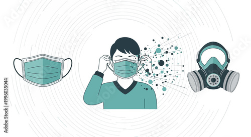 Person wearing face mask protecting against airborne particles, with medical mask and gas mask icons