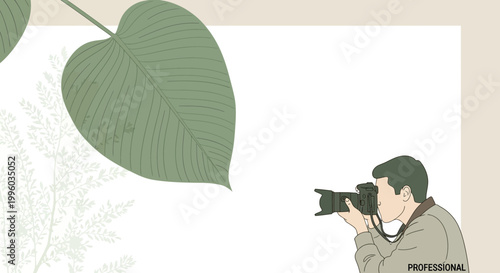 Photographer Captures Nature's Beauty: Man with Camera Shoots Large Green Leaf Outdoors