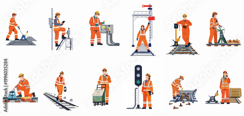 Vector set of railway maintenance workers in high-visibility uniforms performing inspections, repairs, and signaling tasks on train tracks and infrastructure.