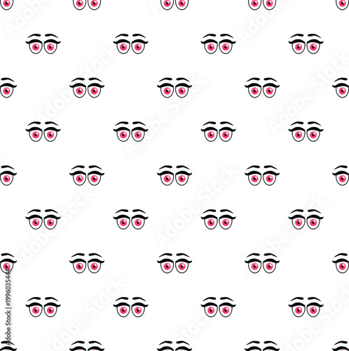 Cartoon eyes with red pupils forming a watchful seamless pattern on a white background