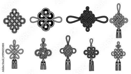 Collection of Chinese Knots and Coins Icons, Good Luck Charms, Vector Illustration