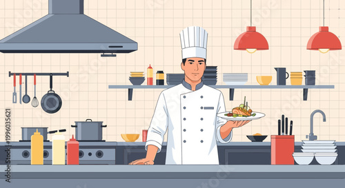 Professional chef in uniform holding a gourmet dish in a modern restaurant kitchen