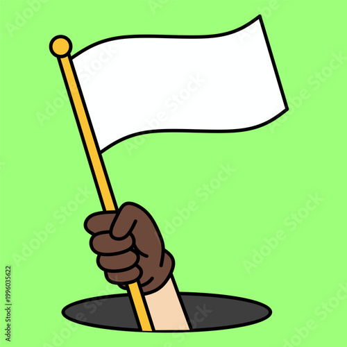 Hand holding white flag icon cartoon illustration used for surrender or peace signal isolated on green background