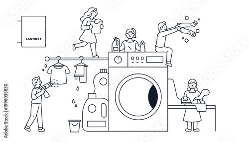 People doing laundry with washing machine and colorful clothes around them