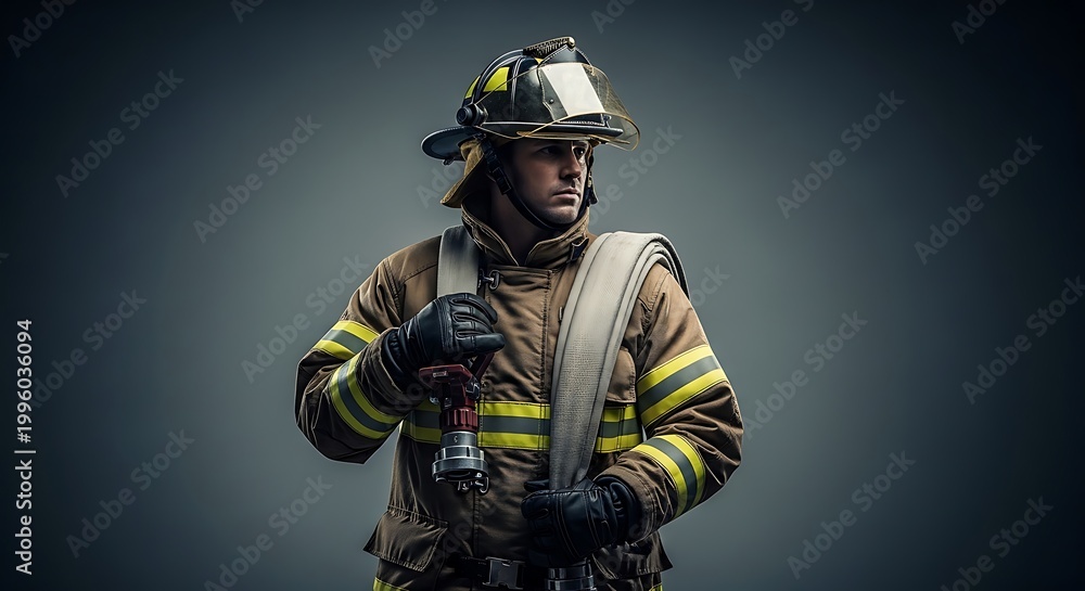 Fototapeta premium Professional firefighter in full protective gear, holding a high-pressure fire hose, stands ready for duty, embodying courage and dedicated service in critical emergency response situations
