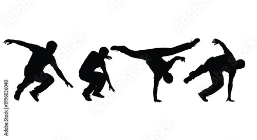 Silhouettes of four dancers captured in dynamic breakdancing poses against a stark white background
