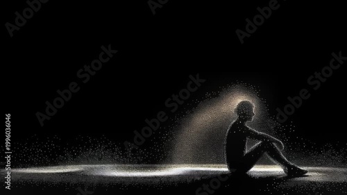 Particle effect showing abstract emotional loss concept. Silhouette of a person sitting alone with glowing particles in a dark space symbolizing solitude and introspection