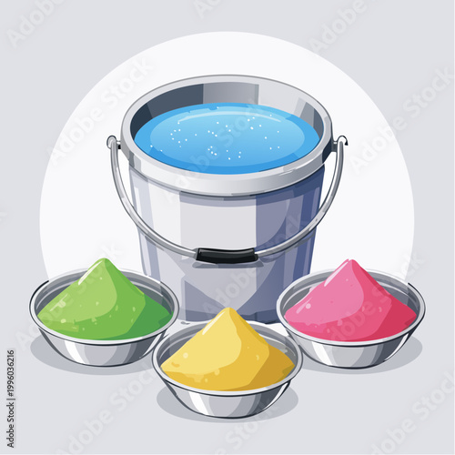 Bucket of Blue Liquid and Bowls of Colored Powder