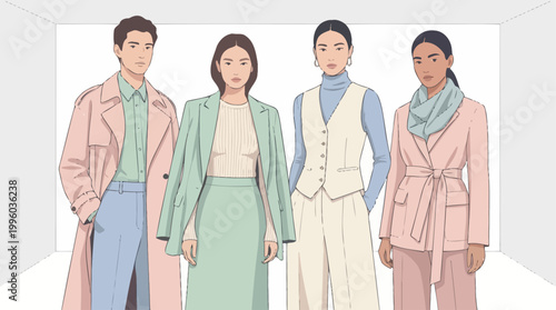 Asian Diverse Elegant Fashion Four Standing Pastel Trench Coat Vest Blazer Runway Lineart Vector Illustration