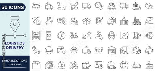 Logistic and delivery icon set in outline style. Editable stroke. Vector icon collection.