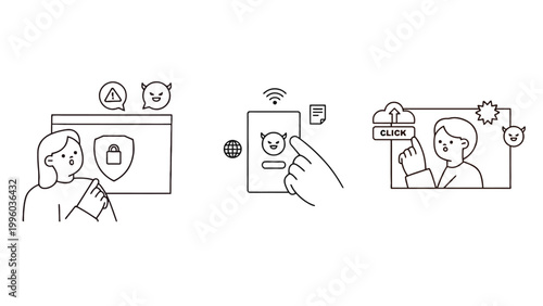 Cyber security threats and hacking concept with cartoon characters and virus icons online
