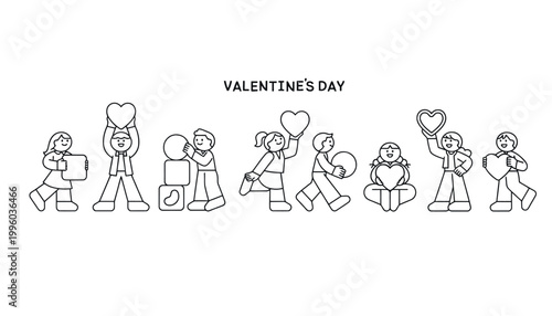 Valentine's Day illustration featuring cartoon couples and friends exchanging gifts and showing love