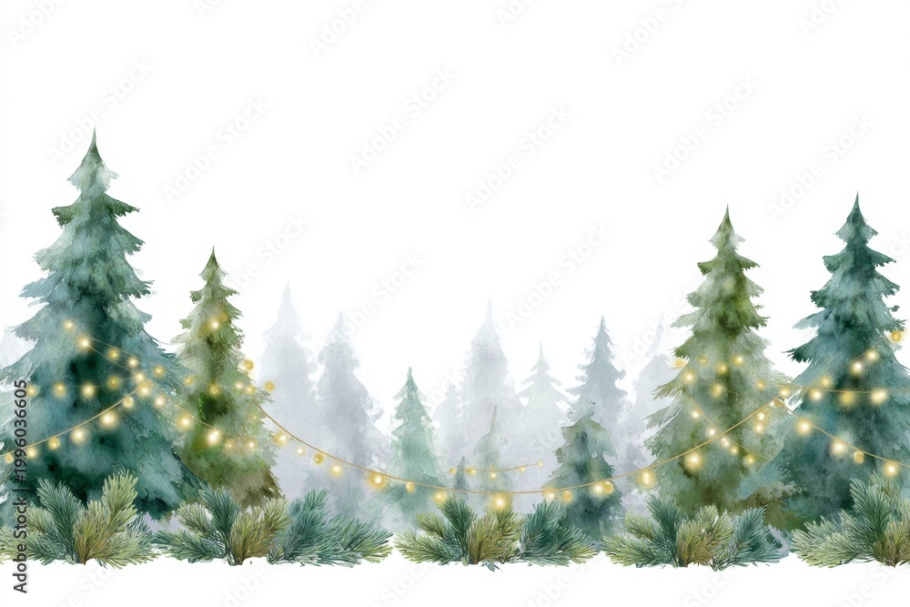 Obraz premium a forest of pine trees decorated with lights, a watercolor art on a white background.