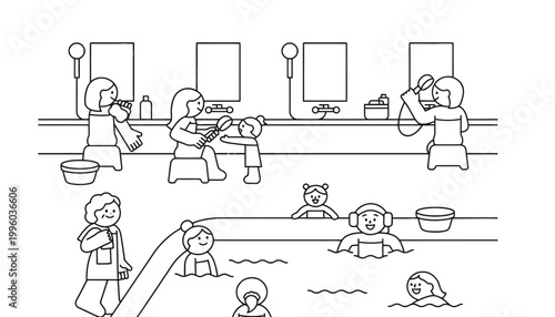 Children and mothers enjoying a fun bath time together in a swimming pool area