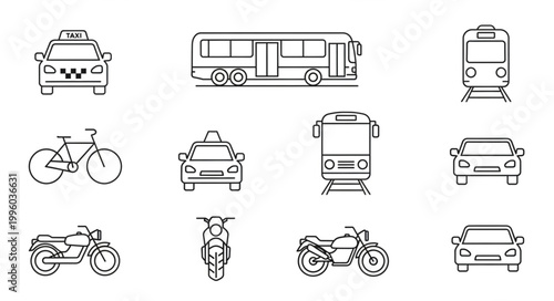 Collection of various transportation vehicle line art icons.