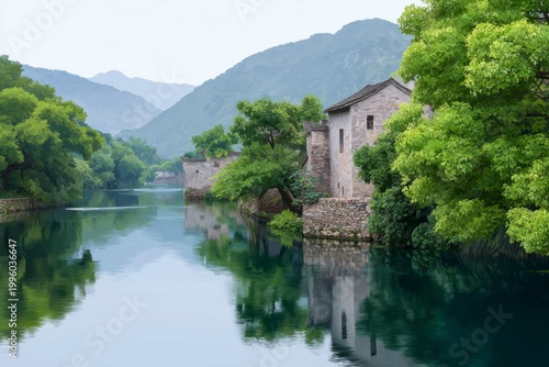 ancient chinese village by the river, with stone houses and lush greenery along its banks. the clear water reflects the surrounding mountains and trees