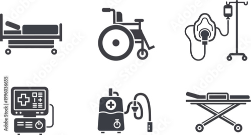 Hospital equipment medical icons set wheelchair bed ventilator monitor healthcare vector 