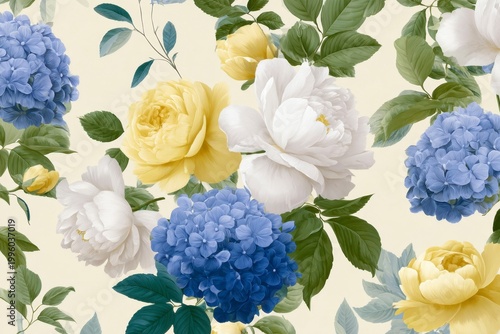 white, blue, and yellow hydrangeas, roses, peonies, and green leaves on a cream colored background