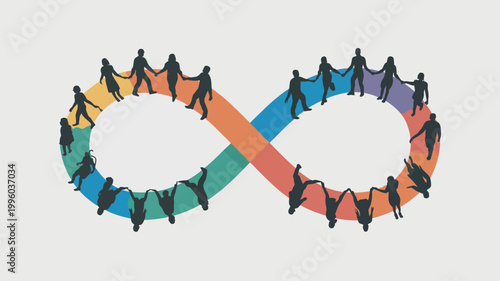 A group of people forming a colorful infinity symbol with their hands