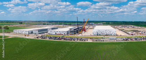 Aerial view of the construction of a massive AI data center campus with 400 million square feet hosting and 600MW capacity in Hutto Texas