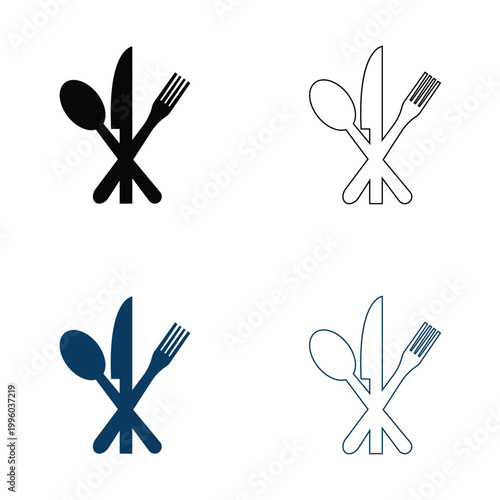 Table Setting Icons with Plate and Cutlery vector. Set of table setting icons showing plate, spoon, and fork in solid, outline, and colored styles for dining or restaurant concepts.