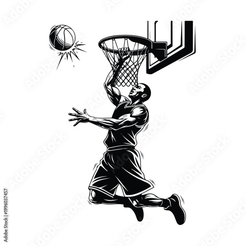 Dynamic black and white illustration of a muscular basketball player executing a powerful slam dunk, soaring through the air towards the hoop with intense focus and athletic prowess