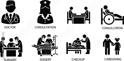 Medical consultation surgery and patient care icons healthcare staff minimal vector 