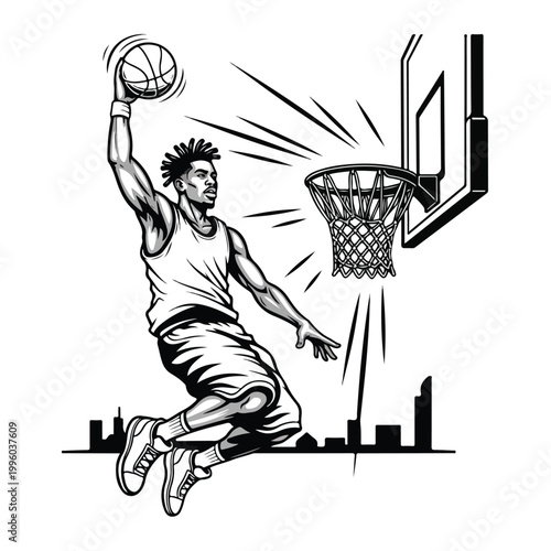Dynamic black and white illustration of an athletic basketball player performing a slam dunk over a city skyline at night, capturing intense action and energy