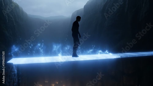 Man Standing on Edge of Cliff Overlooking Vast Canyon and Distant Lights