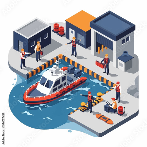 Maritime Rescue Team Working at Harbor Dockside Scene.