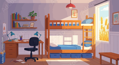 A brightly lit cozy children s bedroom featuring a wooden bunk bed desk and bookshelf