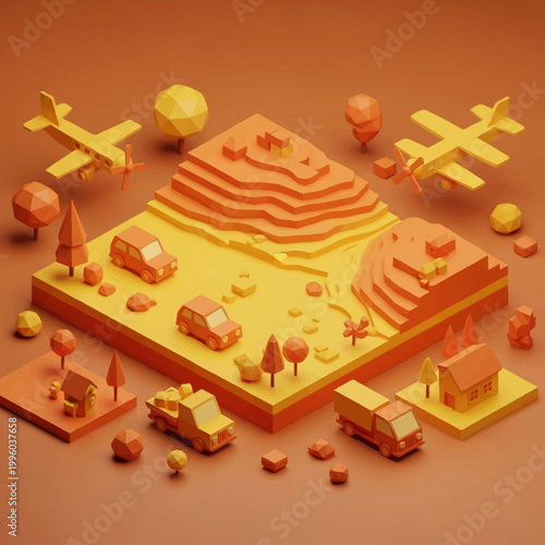 Isometric miniature world with vehicles and buildings.