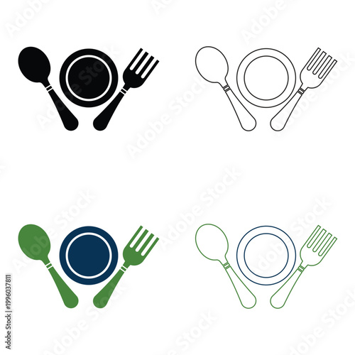 Table Setting Icons with Plate and Cutlery vector. Set of table setting icons showing plate, spoon, and fork in solid, outline, and colored styles for dining or restaurant concepts.