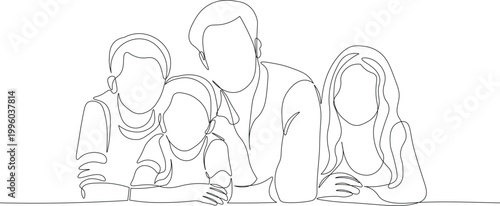 Continuous Line Drawing of Happy Family Lying Together, Parents and Children Bonding at Home