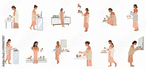 Collection of faceless illustrations showing women in various stages of their skincare and beauty routines at home.