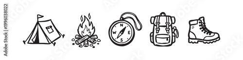 Set of Hand Drawn Camping Icons: Tent, Campfire, Compass, Backpack and Hiking Boot