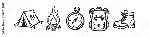 Set of Hand Drawn Camping and Hiking Equipment Icons Including Tent, Campfire, Compass, Backpack, and Hiking Boot