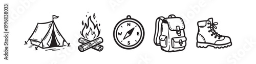 Set of Hand Drawn Camping and Hiking Icons Including Tent, Bonfire, Compass, Backpack and Hiking Boot