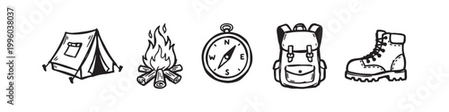 Set of Hand Drawn Camping and Hiking Icons including Tent, Campfire, Compass, Backpack, and Boot
