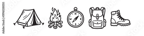 Set of Hand Drawn Camping Icons, Outdoor Adventure Symbols including Tent, Bonfire, Compass, Backpack and Hiking Boot