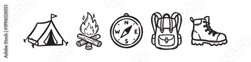 Set of Hand-Drawn Camping and Hiking Icons including Tent, Bonfire, Compass, Backpack, and Hiking Boot