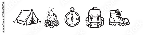 Hand Drawn Camping and Hiking Icons Set: Tent, Campfire, Compass, Backpack and Hiking Boot