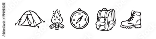 Hand Drawn Camping and Hiking Icons Set: Tent, Bonfire, Compass, Backpack, and Hiking Boot