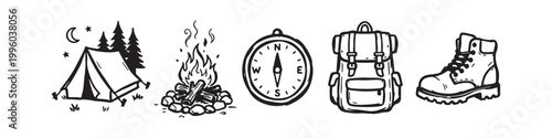 Set of Hand-Drawn Camping and Hiking Icons including Tent, Campfire, Compass, Backpack, and Hiking Boot